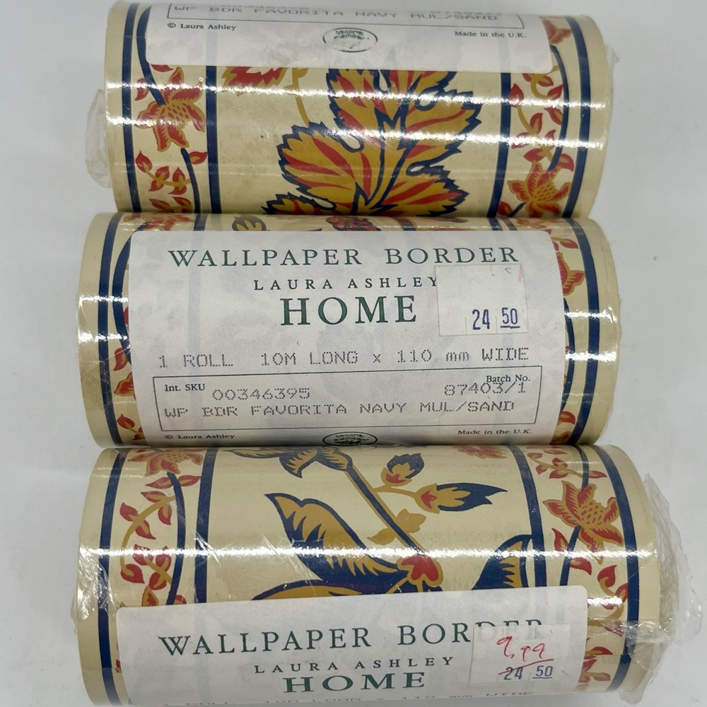Vintage Laura Ashley Home Wallpaper Border Favorita Navy 3 Rolls NEW